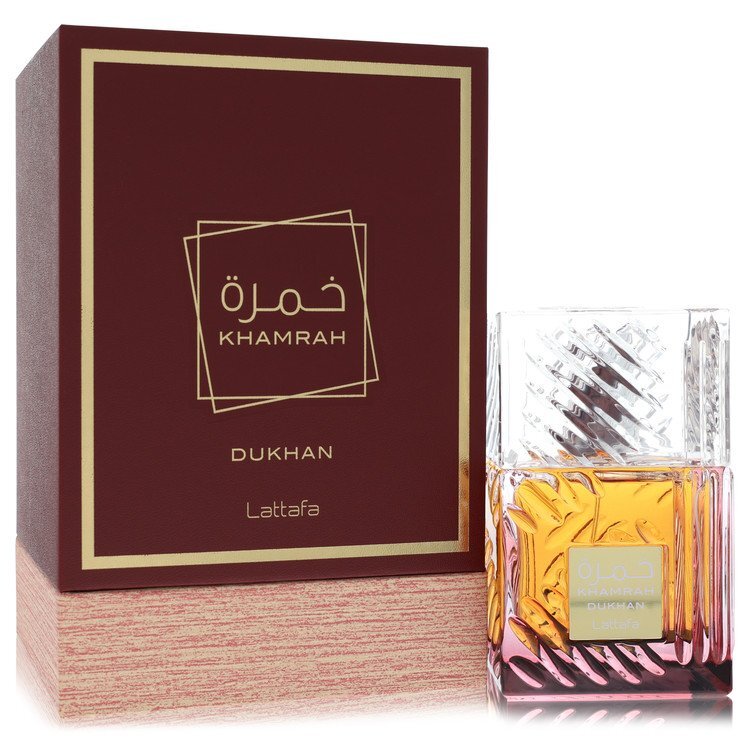 Khamrah Dukhan by Lattafa Eau De Parfum Spray 3.4 oz bottle displayed with elegant design and rich, dark fragrance.