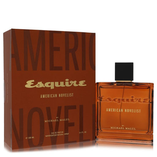 Esquire American Novelist Eau De Parfum Spray by Michael Malul in a 3.4 oz bottle, showcasing elegant packaging design.