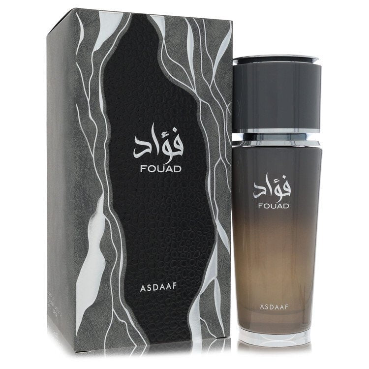 Lattafa Asdaaf Fouad Eau de Parfum spray for men and unisex, 3.4 oz bottle, with elegant packaging and fragrance details.