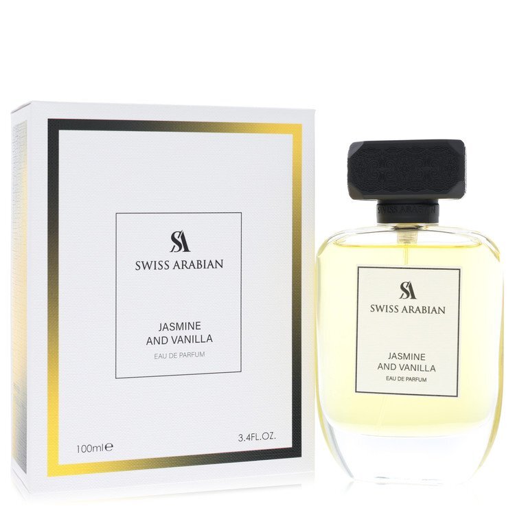 Swiss Arabian Jasmine and Vanilla Eau De Parfum spray for women, 3.4 oz bottle with floral and vanilla fragrance details.