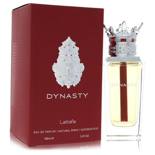 Lattafa Dynasty Eau De Parfum spray 3.4 oz for women and men, featuring elegant glass bottle and sleek design.