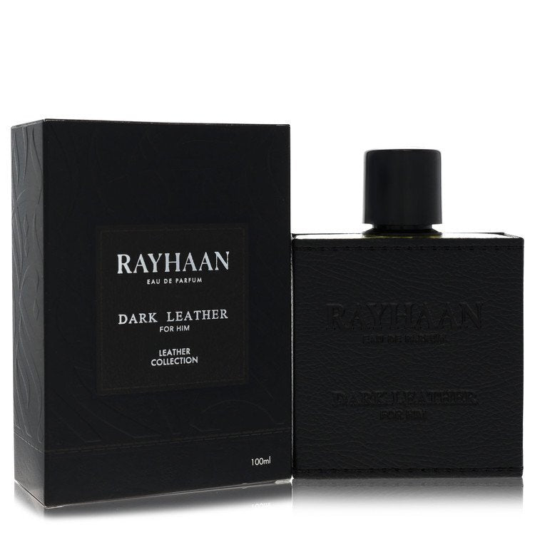 Dark Leather by Rayhaan Eau De Parfum Spray 3.38 oz for men in a sleek dark bottle with a stylish design.