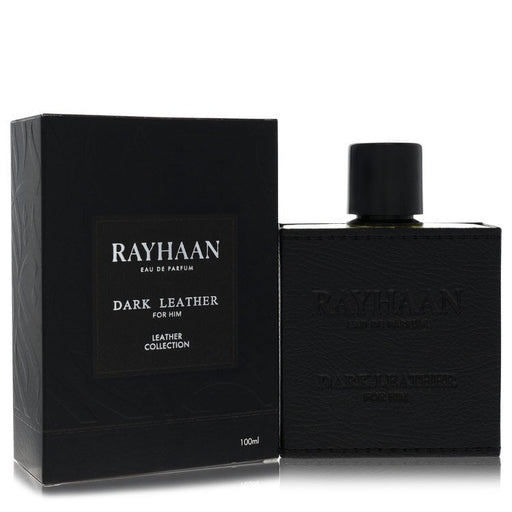 Dark Leather by Rayhaan Eau De Parfum Spray 3.38 oz for men in a sleek dark bottle with a stylish design.