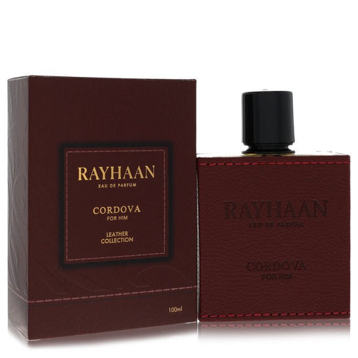 Rayhaan Cordova Eau De Parfum Spray 3.4 oz for men in a sleek bottle with a dark design.