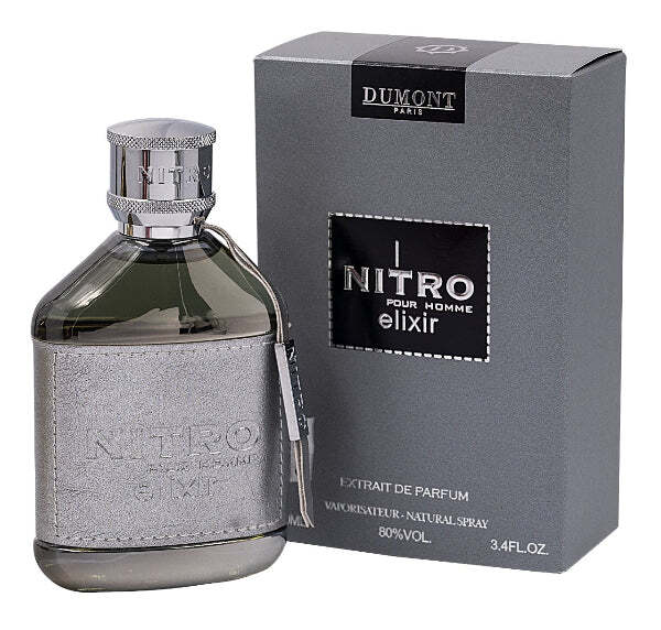 Dumont Nitro Pour Homme Elixir men's cologne bottle with sleek design, 3.4 oz size, showcasing the Dumont Paris branding.