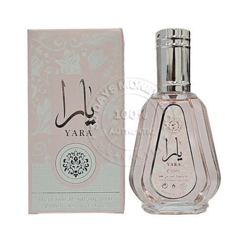 Yara by Lattafa Women's Eau De Parfum 3.4 oz bottle with elegant design and floral fragrance, displayed in a clear glass bottle.