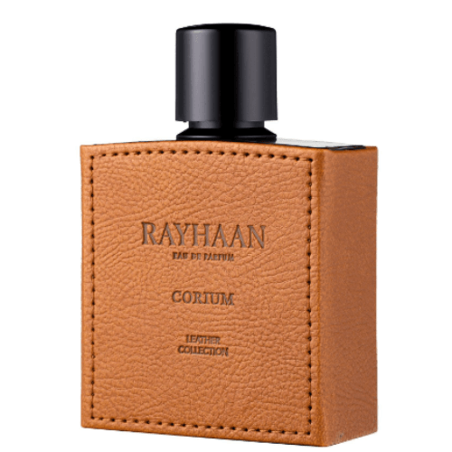 Corium Leather by Rayhaan Eau De Parfum 3.4 oz (Men) bottle in leather design, showcasing bold masculine fragrance.