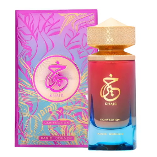 Paris Corner Khair Confection Eau De Parfum 3.4 oz bottle for women, elegant glass perfume bottle with floral design