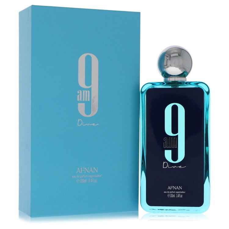 A 3.4 oz Afnan 9am Dive Eau De Parfum Spray for men and unisex, featuring a sleek bottle and modern design.