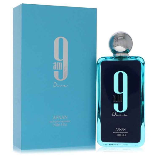 A 3.4 oz Afnan 9am Dive Eau De Parfum Spray for men and unisex, featuring a sleek bottle and modern design.