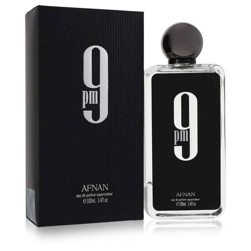 Afnan 9pm Eau De Parfum spray for men and unisex, 3.4 oz bottle with sleek design and minimalist label.