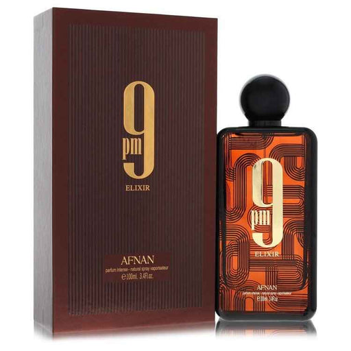 A 3.4 oz Afnan 9pm Elixir Intense perfume spray for men and unisex, with a sleek bottle and elegant design.