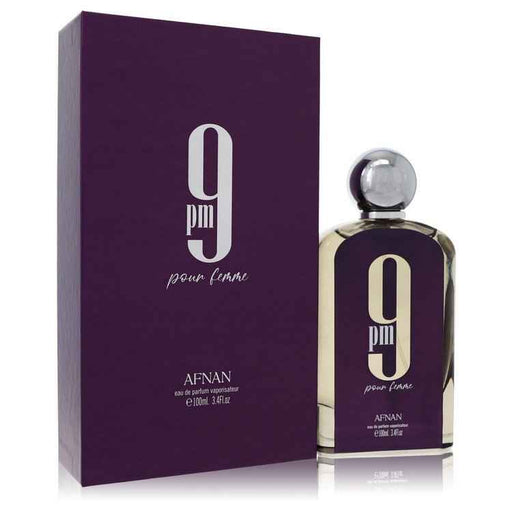 Afnan 9pm Pour Femme Eau de Parfum spray for women, 3.4 oz bottle with elegant design, showcasing the fragrance bottle.