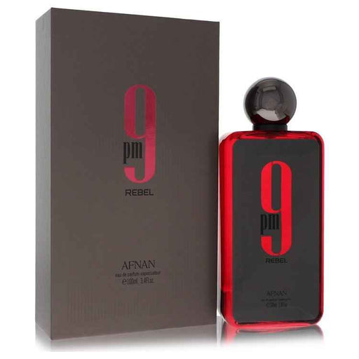 Afnan 9pm Rebel Eau De Parfum spray bottle for men and unisex, 3.4 oz, with sleek packaging and brand logo visible.