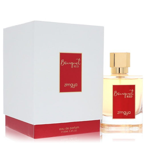 Afnan Bouquet Red by Zimaya Eau De Parfum spray, 3.4 oz, featuring a floral red perfume bottle for women.
