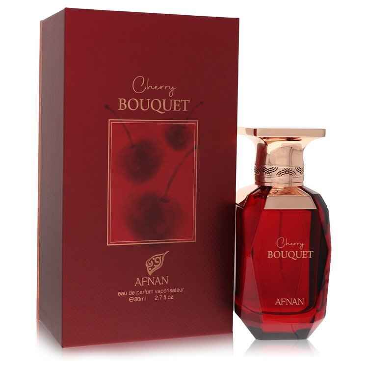 Afnan Cherry Bouquet Eau De Parfum spray for women, 2.7 oz bottle featuring a floral cherry scent.