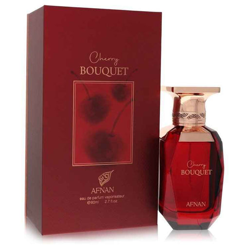 Afnan Cherry Bouquet Eau De Parfum spray for women, 2.7 oz bottle featuring a floral cherry scent.