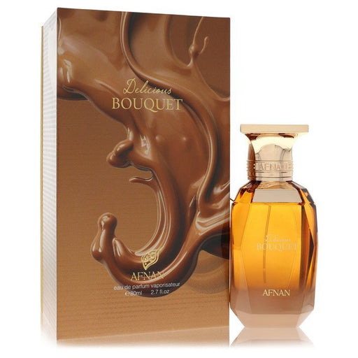 Afnan Delicious Bouquet Eau De Parfum Spray for women, 2.7 oz bottle with floral and fruity notes, elegant perfume design.
