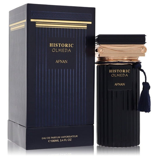 Afnan Historic Olmeda Eau De Parfum spray bottle for men and women, 3.4 oz, with elegant packaging and branding.