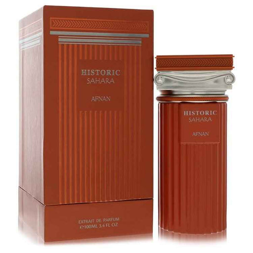 Afnan Historic Sahara extrait de parfum spray bottle, 3.4 oz, featuring elegant packaging for women and unisex fragrance.