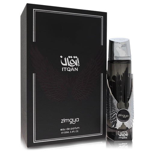 Afnan Itqan Noir Eau De Parfum spray bottle, 3.4 oz, for men and unisex, featuring sleek black and silver design.