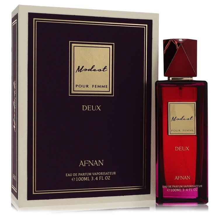 Afnan Modest Pour Femme Deux Eau De Parfum spray bottle, 3.4 oz, with elegant packaging and branding visible.