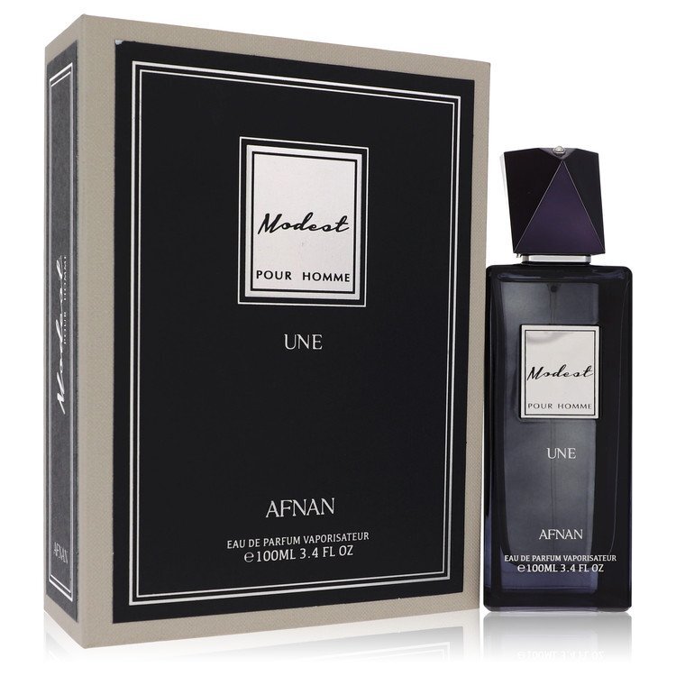 Afnan Modest Pour Homme Une Eau De Parfum spray for men, 3.4 oz, featuring a sleek bottle design and modern branding.