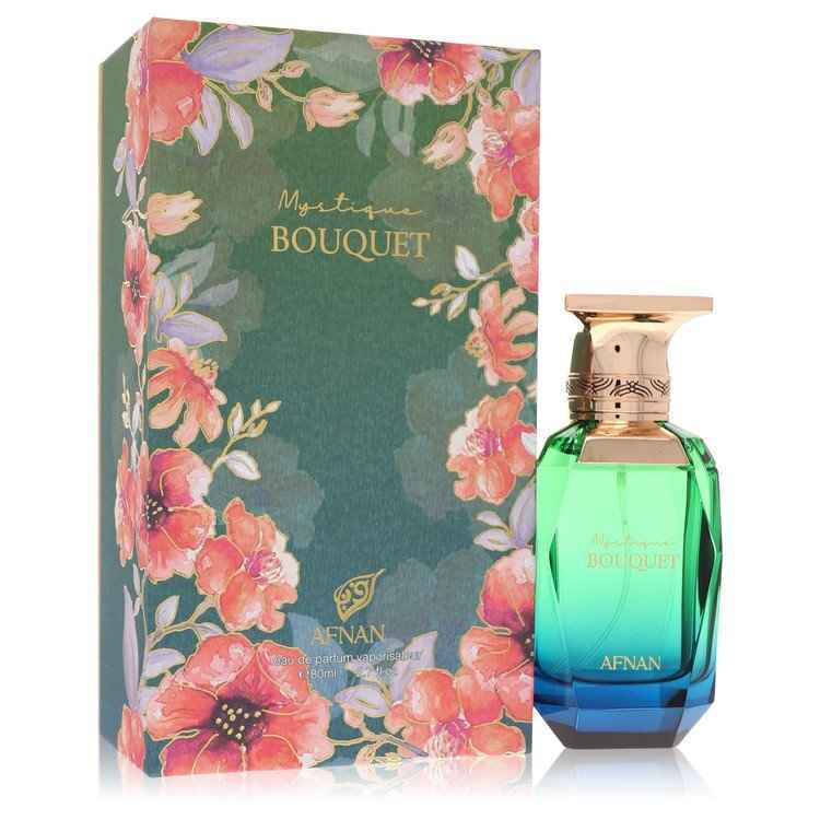 Afnan Mystique Bouquet Eau de Parfum spray for women, 2.7 oz bottle with elegant floral design and branding visible.