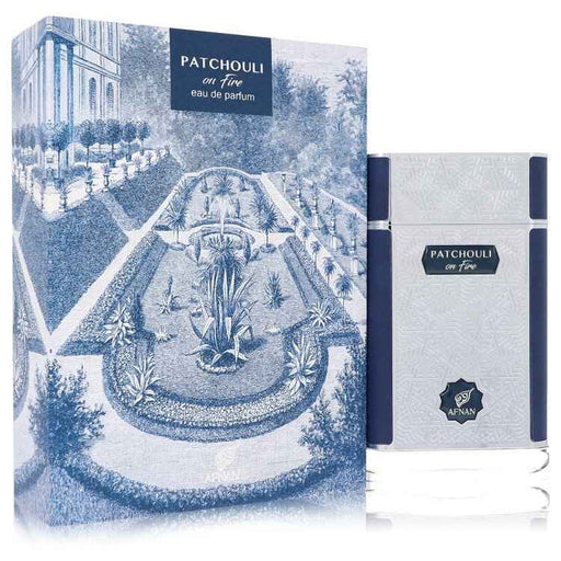 Afnan Patchouli On Fire Eau De Parfum spray for men and unisex, 2.7 oz bottle with a sleek design.