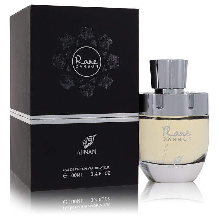 Afnan Rare Carbon Eau De Parfum spray for men, 3.4 oz bottle, with sleek black and silver packaging and a modern scent profile.