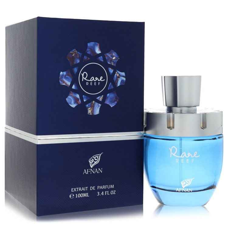 Afnan Rare Reef Extrait De Parfum spray bottle for men and unisex, 3.4 oz, with elegant packaging and fragrance details visible.