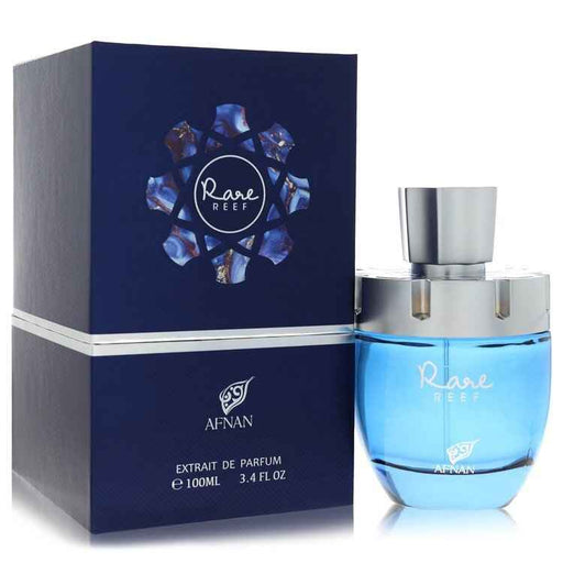 Afnan Rare Reef Extrait De Parfum spray bottle for men and unisex, 3.4 oz, with elegant packaging and fragrance details visible.