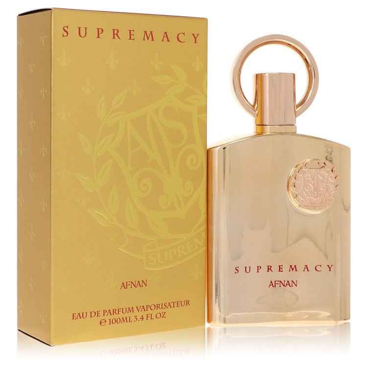 Afnan Supremacy Gold Eau De Parfum Spray for men, 3.4 oz, with sleek bottle and gold accents, designed for unisex fragrance.