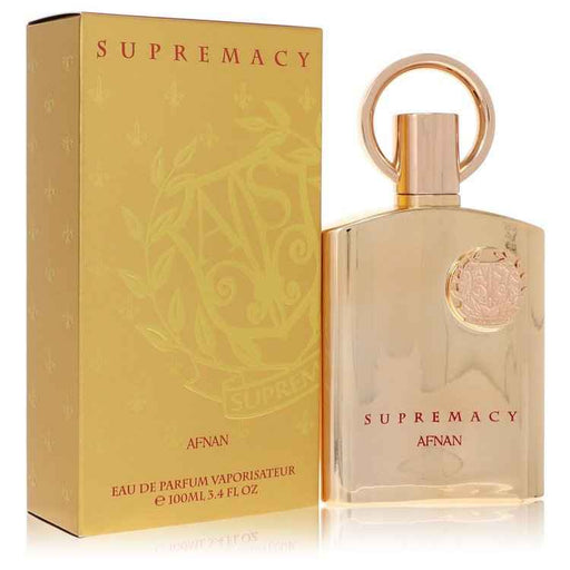 Afnan Supremacy Gold Eau De Parfum Spray for men, 3.4 oz, with sleek bottle and gold accents, designed for unisex fragrance.