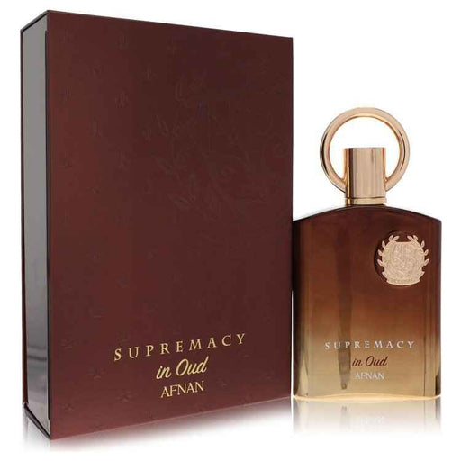Afnan Supremacy in Oud Eau De Parfum spray for men, 3.4 oz, with a sleek bottle and elegant design.