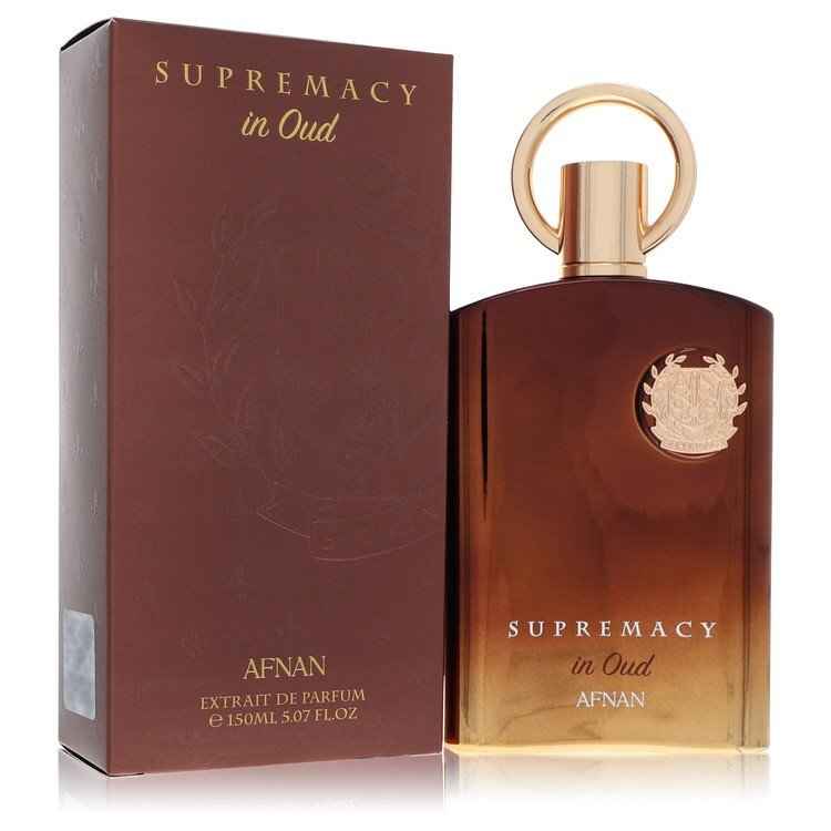 Afnan Supremacy in Oud Eau De Parfum spray bottle, 5 oz, unisex fragrance with elegant packaging and dark scent notes.