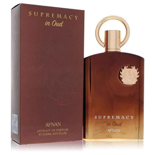Afnan Supremacy in Oud Eau De Parfum spray bottle, 5 oz, unisex fragrance with elegant packaging and dark scent notes.