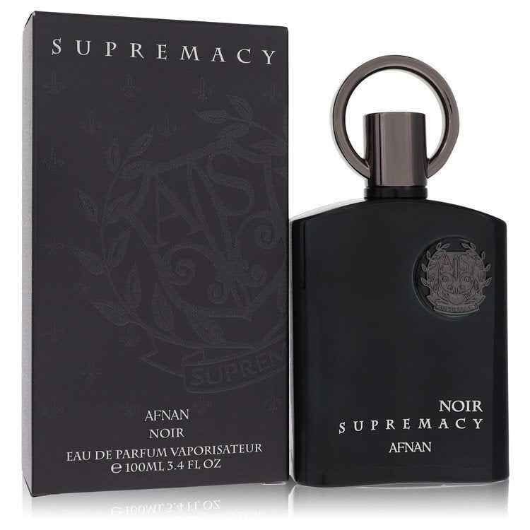 Afnan Supremacy Noir Eau de Parfum spray for men, 3.4 oz, featuring a sleek bottle with dark accents and modern design.