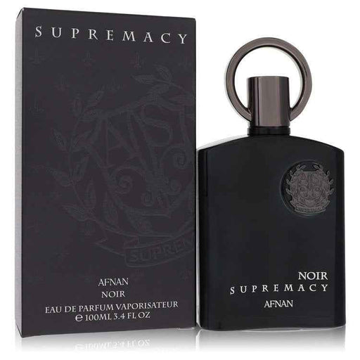 Afnan Supremacy Noir Eau de Parfum spray for men, 3.4 oz, featuring a sleek bottle with dark accents and modern design.