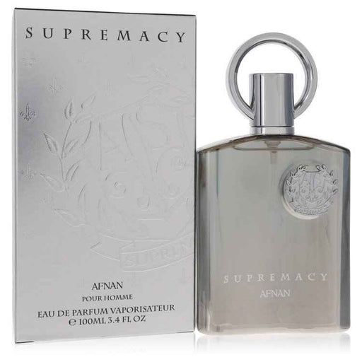 Afnan Supremacy Silver Eau De Parfum spray for men, 3.4 oz bottle, sleek silver packaging, stylish design.