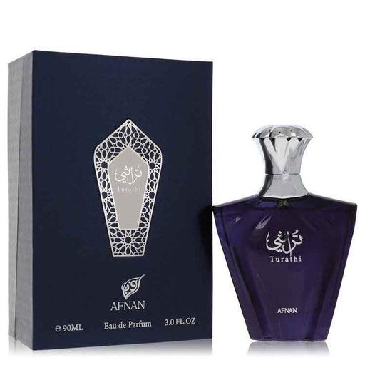 Afnan Turathi Blue men's Eau De Parfum spray, 3 oz bottle, with sleek blue design and elegant branding visible.