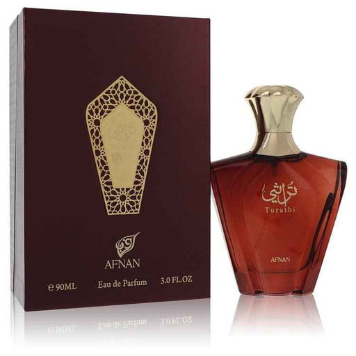 Afnan Turathi Brown Eau De Parfum Spray for men, 3 oz bottle, showcasing elegant packaging and design.
