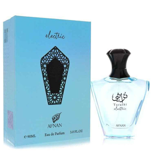 Afnan Turathi Electric Eau De Parfum spray bottle, 3 oz, for men and unisex, with sleek packaging and product label visible.
