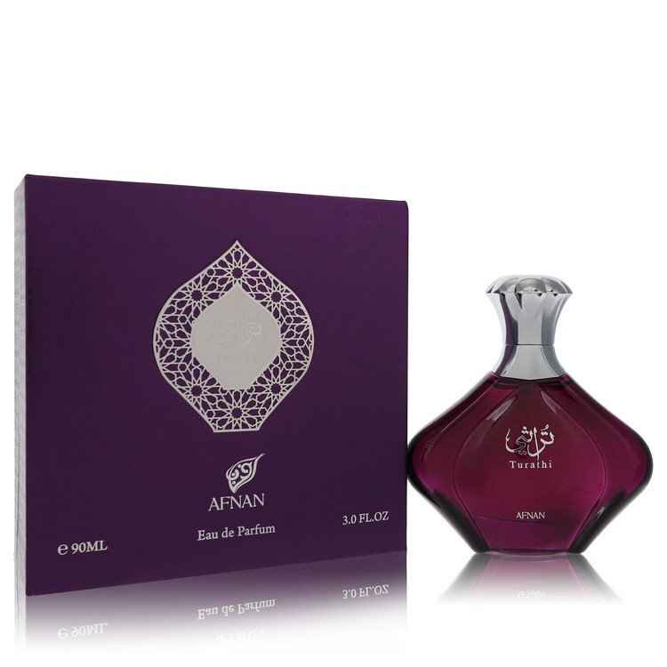Afnan Turathi Purple Eau De Parfum spray for women, 3 oz bottle with elegant purple packaging and floral fragrance design.