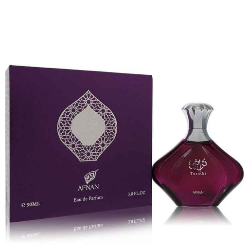 Afnan Turathi Purple Eau De Parfum spray for women, 3 oz bottle with elegant purple packaging and floral fragrance design.