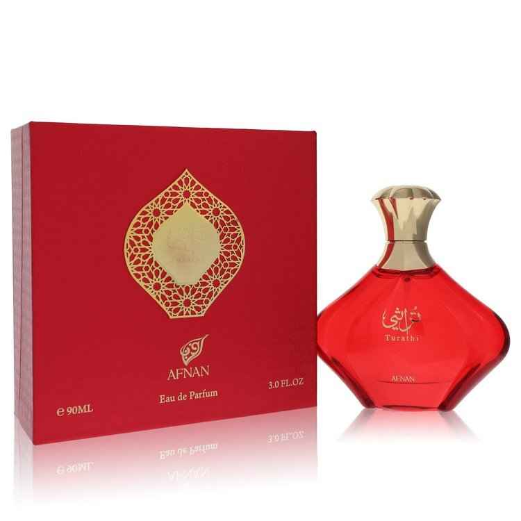 Afnan Turathi Red Eau De Parfum spray for women, 3 oz bottle featuring elegant red packaging and floral fragrance design.