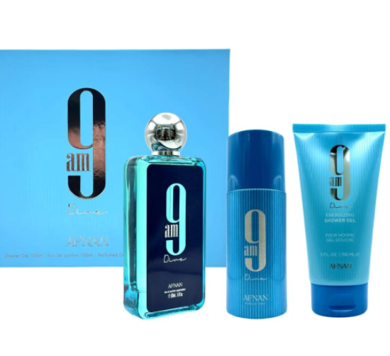Afnan 9am Dive men's and women's 3-piece perfume gift set with 3.4 oz Eau de Parfum bottles, stylish packaging.