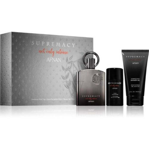 Afnan Supremacy Not Only Intense men's 3-piece gift set with 3.4 oz EDP spray, including fragrance bottles and packaging.