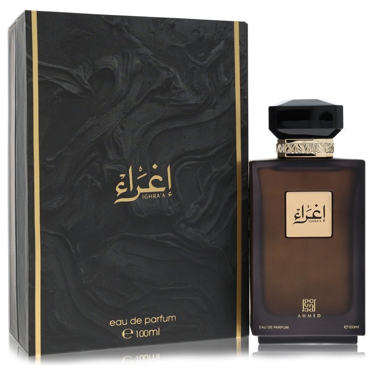 Ighra'a by Ahmed Al Maghribi Eau De Parfum spray for men, 3.38 oz, featuring a sleek bottle with elegant branding.