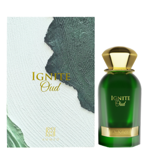 Ahmed Al Maghribi Ignite Oud unisex Eau de Parfum 3 oz bottle, elegant packaging showcasing the luxurious fragrance.